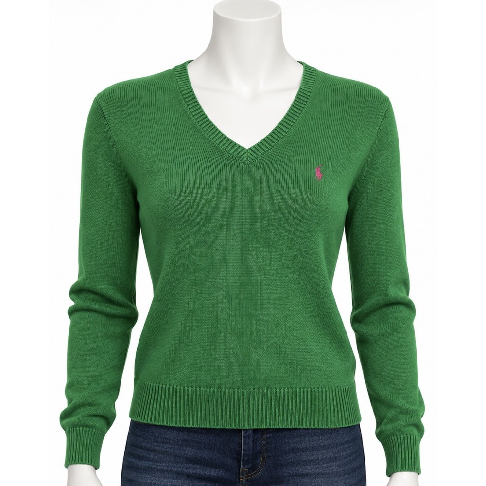 RALPH LAUREN POLO Women's Green V-Neck Ribbed Knit Logo Pullover Sweater M